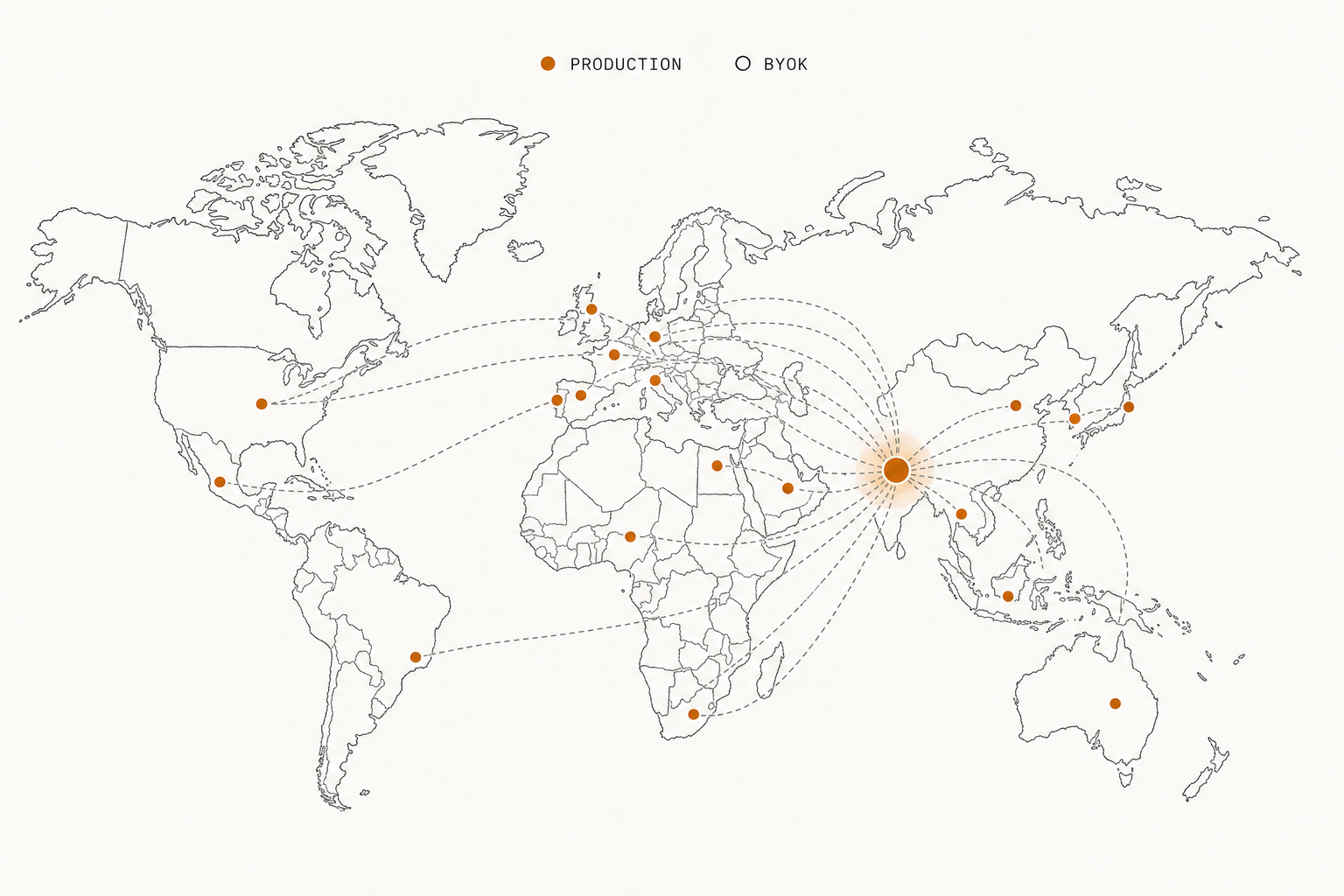 World map showing production language coverage centred on India